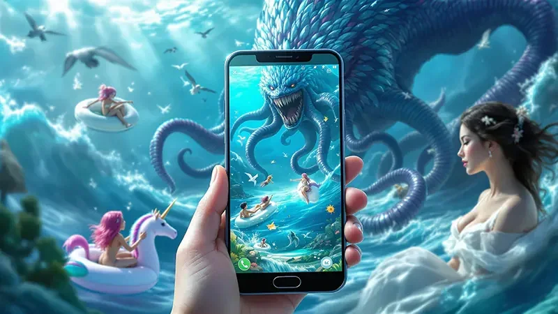 Adegan target ikan dan meriam pada layar permainan tembak ikan mobile